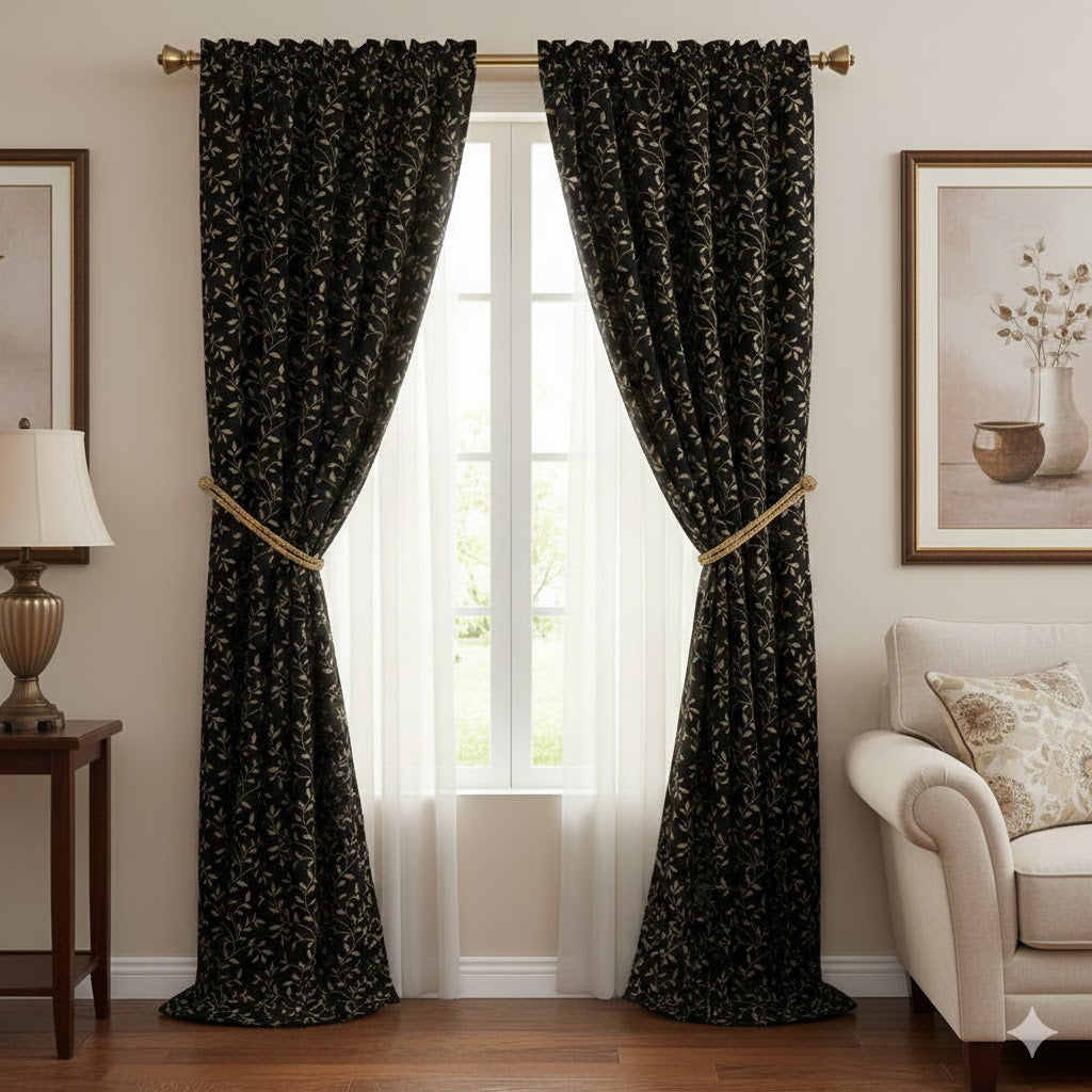 Luxury Blackout Black and Gold Vine Pattern Curtains - Elegant Jacquard Window Drapes