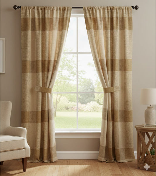 Rustic Woven Two-Tone Check Curtains - Natural Tan & Beige Textured Window Panels