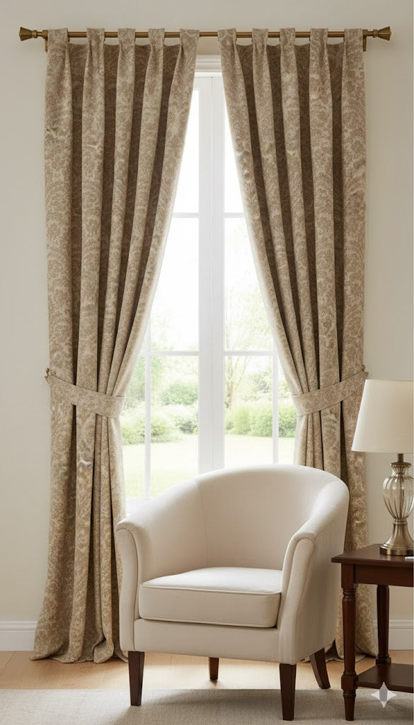 Elegant Taupe Damask Pleated Curtains - Classic Luxury Window Panel