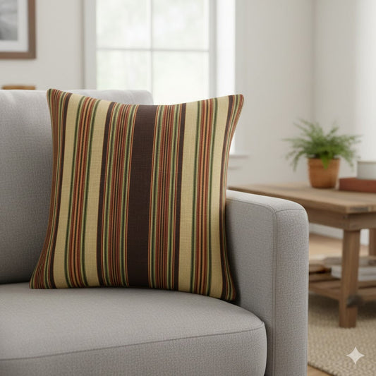 Earthy Stripe Throw Pillow Cover – Classic Vertical Pattern in Brown, Beige, Burgundy & Olive Accent