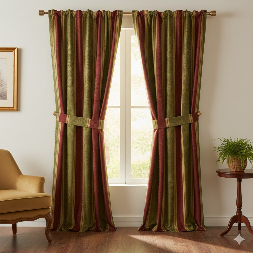 Regal Damask Stripe Lined Curtains - Deep Burgundy & Olive Green
