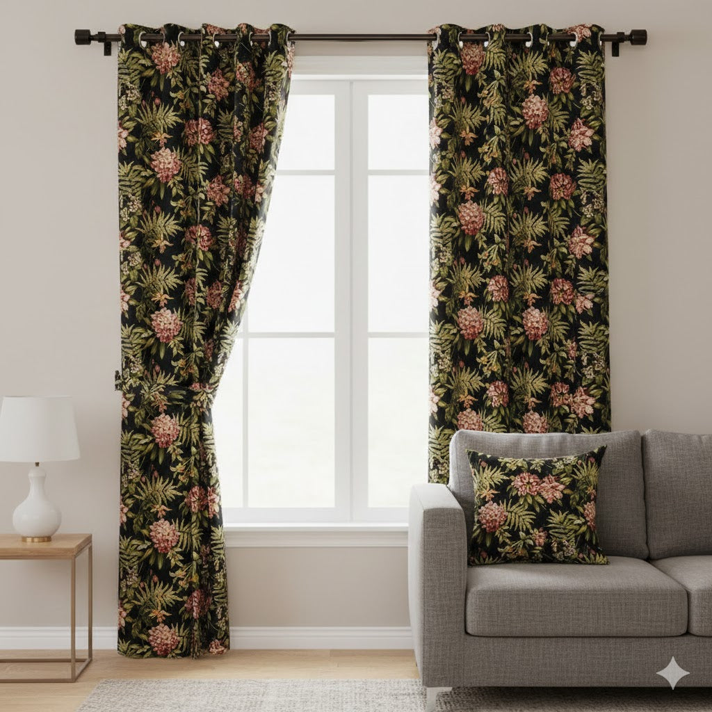 Dramatic Blackout Curtains - Dark Tropical Floral Print with Peony & Fern