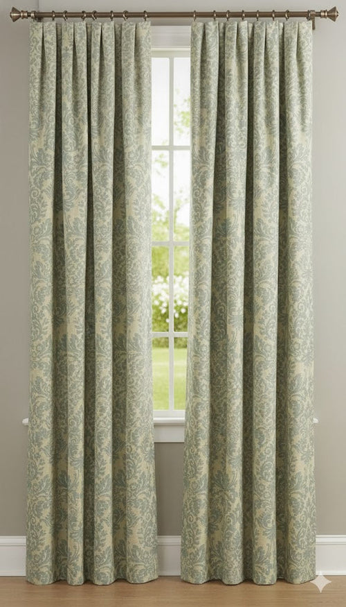 Elegant Sage Green & Cream Damask Pleated Curtains - Classic Linen Look