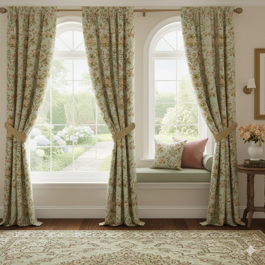 Vintage Style Pink Floral and Pineapple Drapes - Rod Pocket