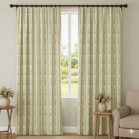 Cottagecore Stripe & Floral Vine Curtains - Custom Made Sage Green and Blue Trellis Drapes