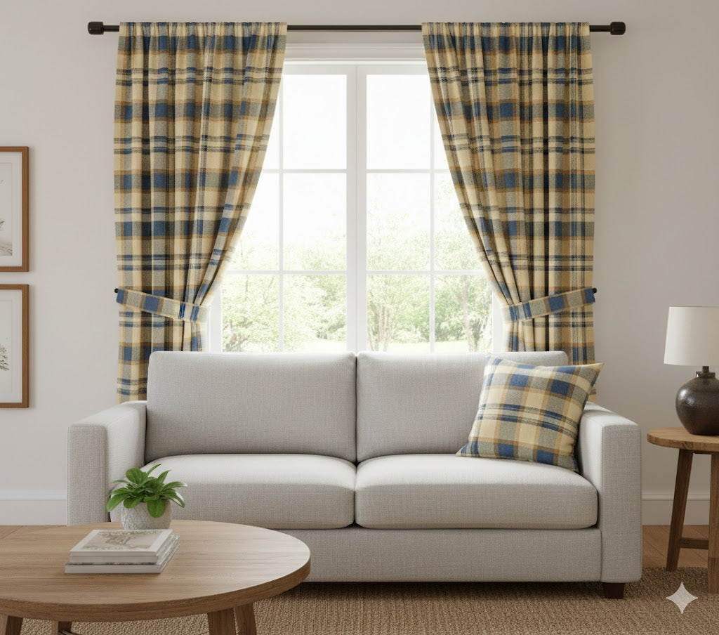 Coastal Heritage Plaid Curtains - Navy Blue, Tan & Cream Woven Check Window Panels