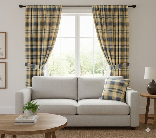 Coastal Heritage Plaid Curtains - Navy Blue, Tan & Cream Woven Check Window Panels