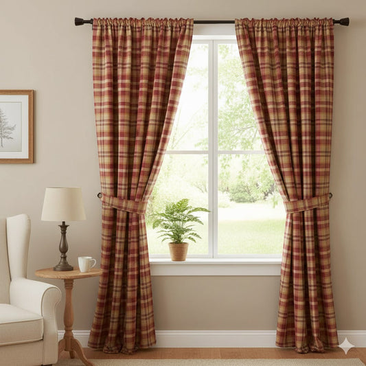 Warm Red & Tan Plaid Rod Pocket Curtains - Classic Tartan Check Window Panels for Country/Rustic Home Decor