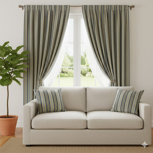 Coastal Heritage Multi-Stripe Curtains - Navy, Khaki & Blue Woven Panel