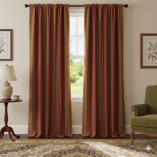 Luxury Burgundy & Gold Pinstripe Blackout Curtains - Classic Textured Stripe Window Panels