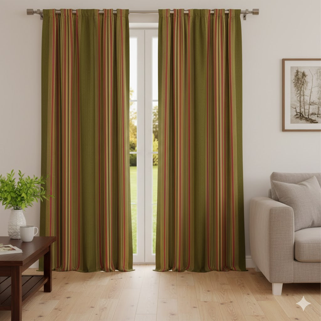 Vintage Stripe Blackout Curtains - Olive Green, Red & Cream