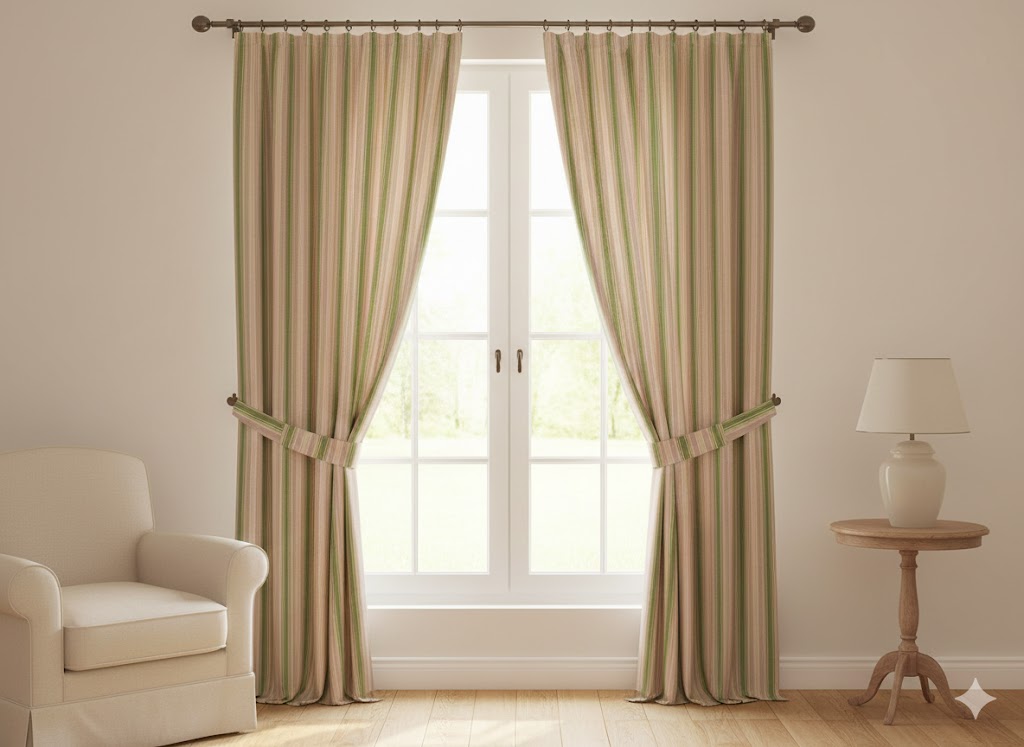 Sage Green & Blush Stripe Blackout Curtains - Rustic Farmhouse Window Panels with Tie-Backs