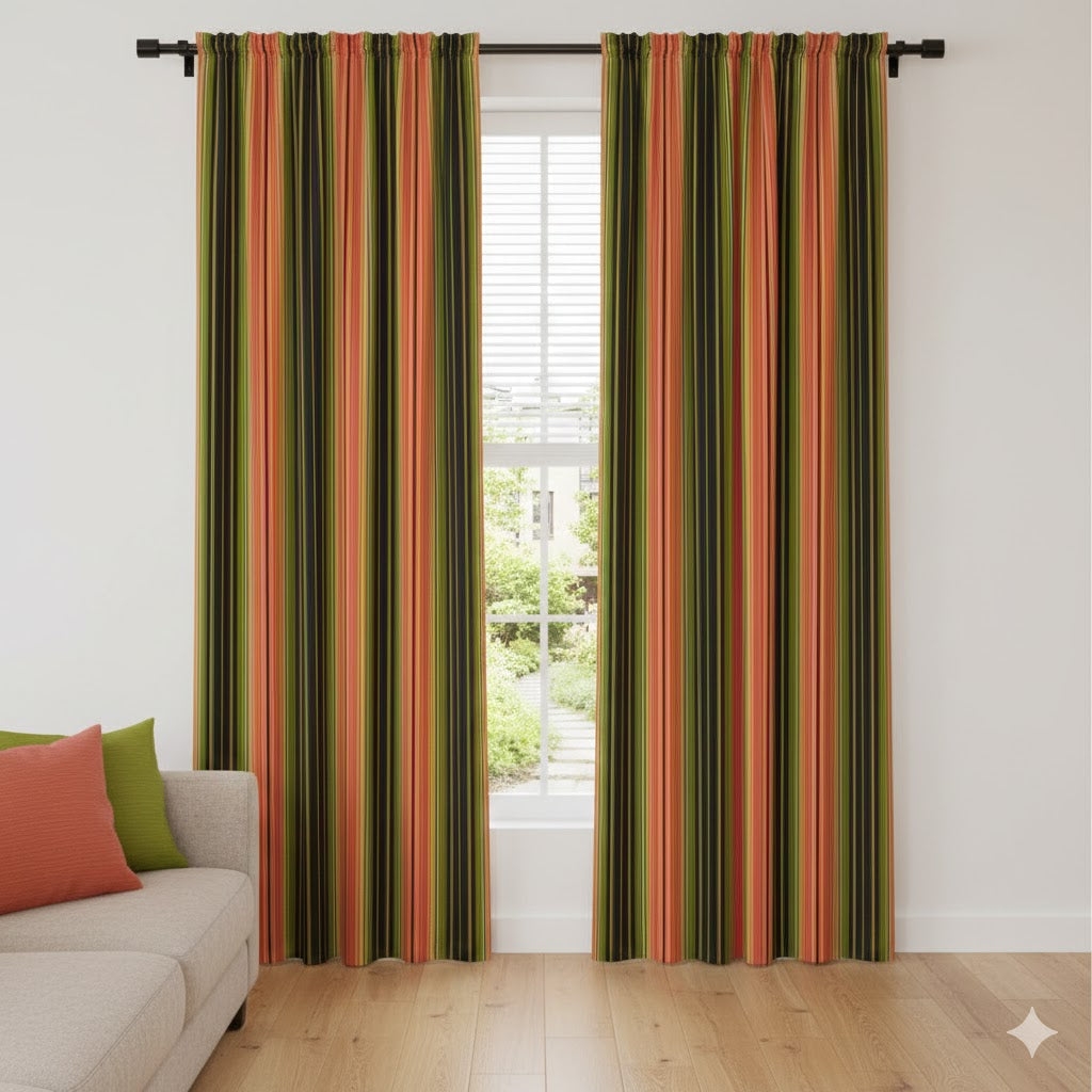 Harvest Stripe Blackout Curtains: Terracotta, Olive Green & Charcoal Vertical Panel Drapes for Living Room or Bedroom