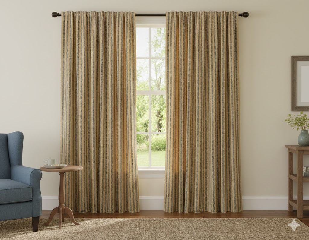 Farmhouse Ticking Stripe Curtains - Navy Blue & Tan Grain Sack Drapes