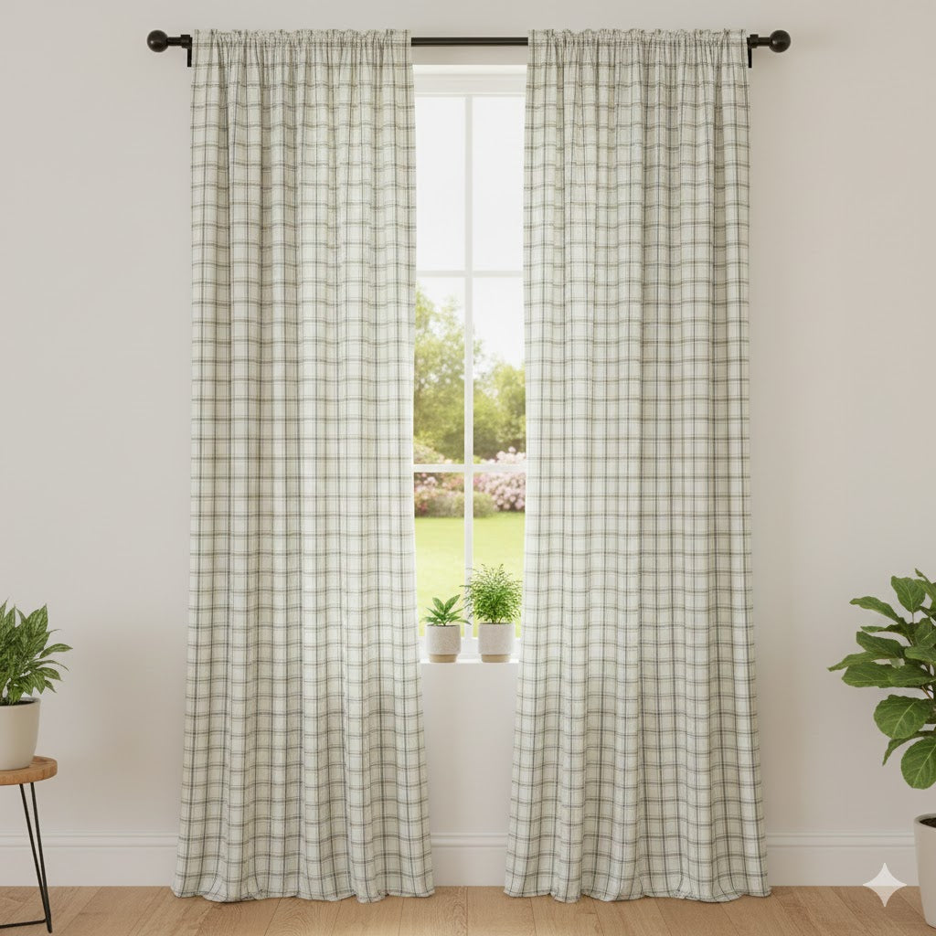 Minimalist Cream & Grey Plaid Rod Pocket Curtains