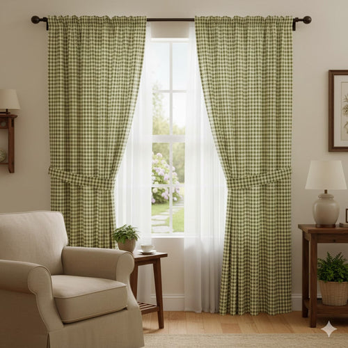 Classic Green and Cream Mini Gingham Window Curtains - Country Style Home Decor