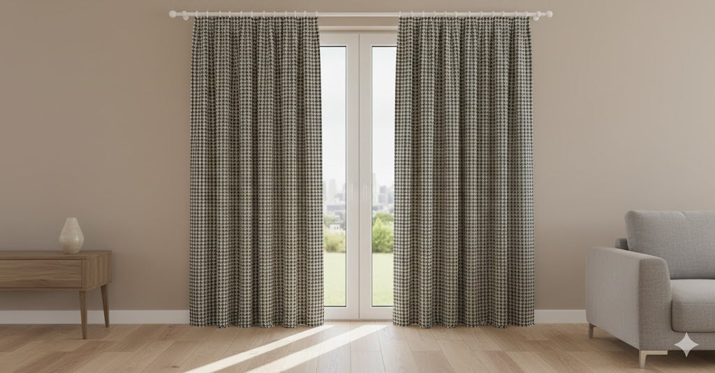 Classic Navy & Beige Houndstooth Jacquard Curtains - Custom Window Drapes