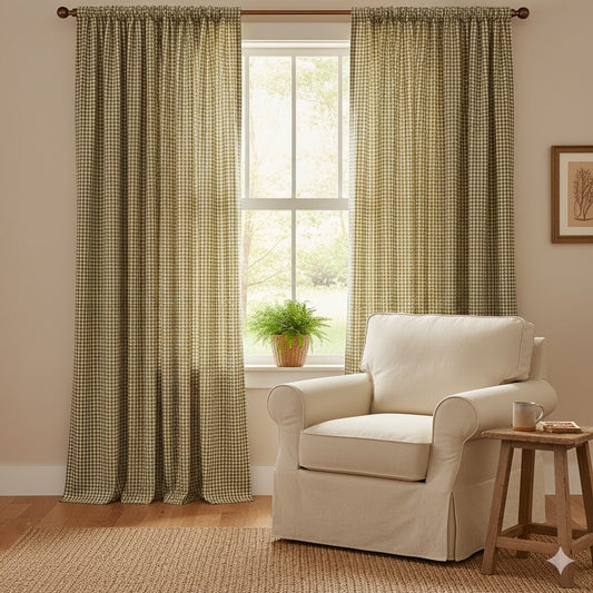 Rustic Olive Green Gingham Window Curtains | Rod Pocket Checked Drapes Pair for Farmhouse & Cottage Décor