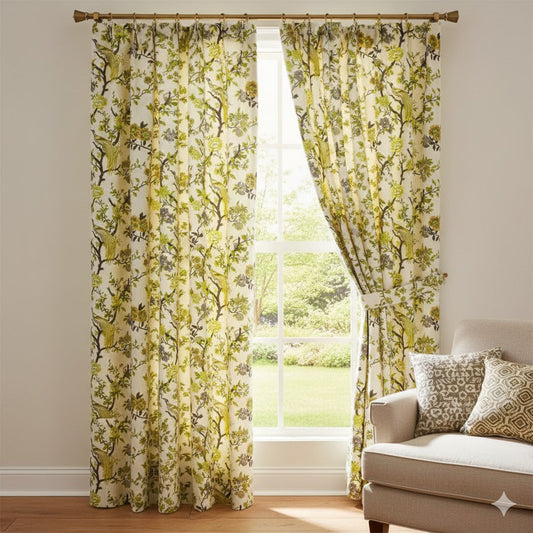 Luxury Chinoiserie Print Curtains | Lime Green & Charcoal Exotic Bird Drapes | Custom Window Panels