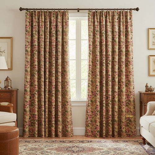 Vintage Chinoiserie Peony Curtains | Luxury Khaki Beige & Antique Rose Drapery