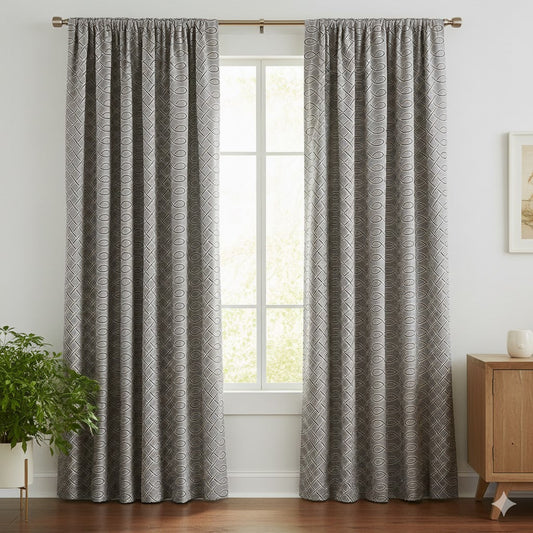 Modern Interlocking Trellis Pattern Window Curtains - Neutral Gray & Black Geometric Drapes