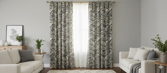 Elegant Jacobean Botanical Blackout Curtains - Charcoal Grey & Cream Floral Pattern