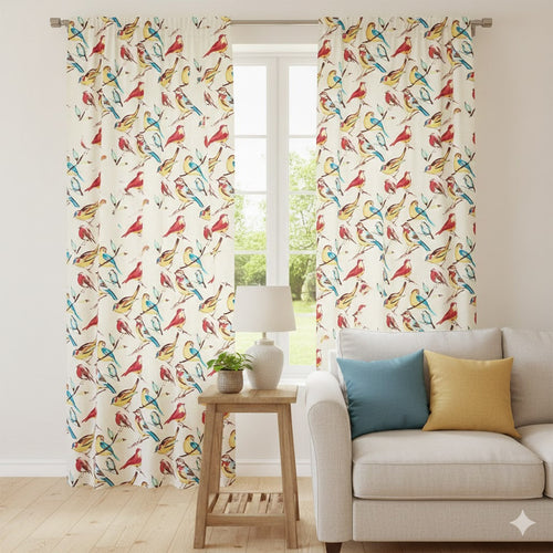 Vibrant Watercolor Songbird Curtains - Red, Yellow & Blue Bird Print Drapery Panel