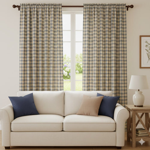 Classic Beige & Blue Plaid Blackout Curtains - Farmhouse Style Window Panels