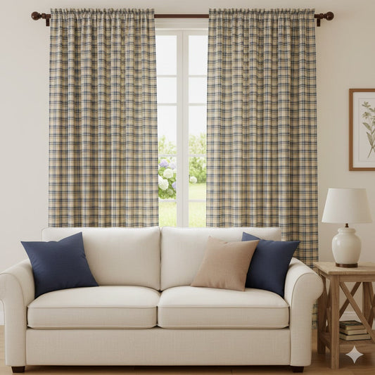 Classic Beige & Blue Plaid Blackout Curtains - Farmhouse Style Window Panels