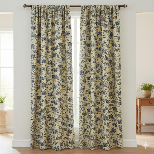 Elegant Blue Floral Chintz Room Darkening Curtains – Classic Cream & Navy Patterned Drapes for Living Room & Bedroom