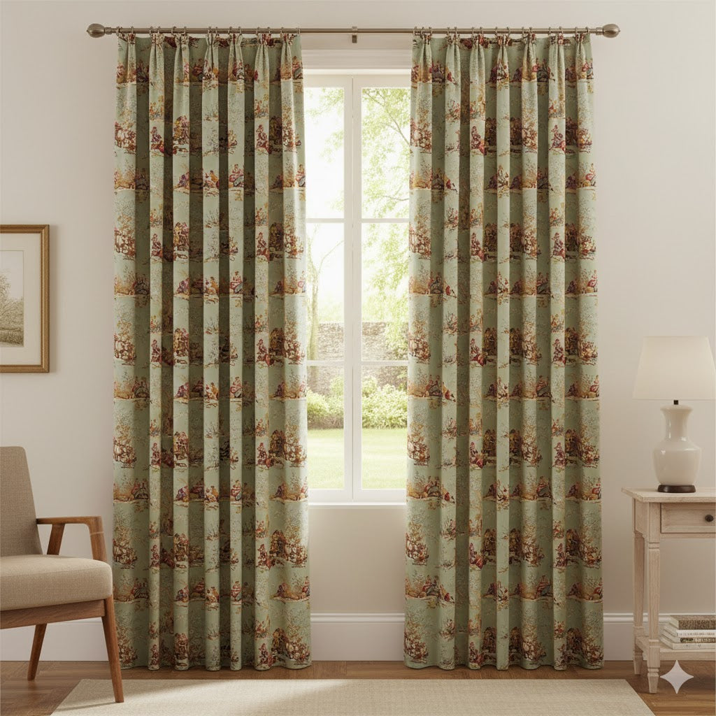 French Country Sage Green Toile de Jouy Pleated Curtains - Classic Pastoral Drapery