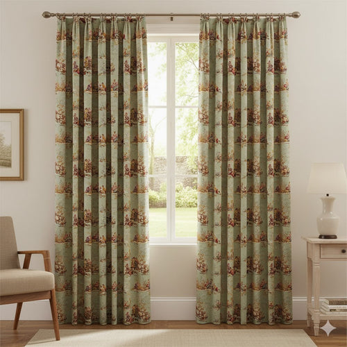 French Country Sage Green Toile de Jouy Pleated Curtains - Classic Pastoral Drapery