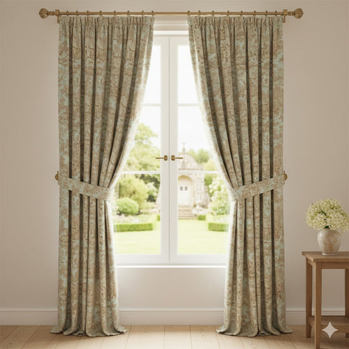 French Toile de Jouy Drapes - Pale Aqua & Sepia Pastoral Scene Curtains