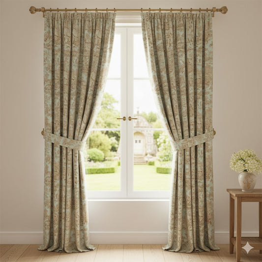 French Toile de Jouy Drapes - Pale Aqua & Sepia Pastoral Scene Curtains