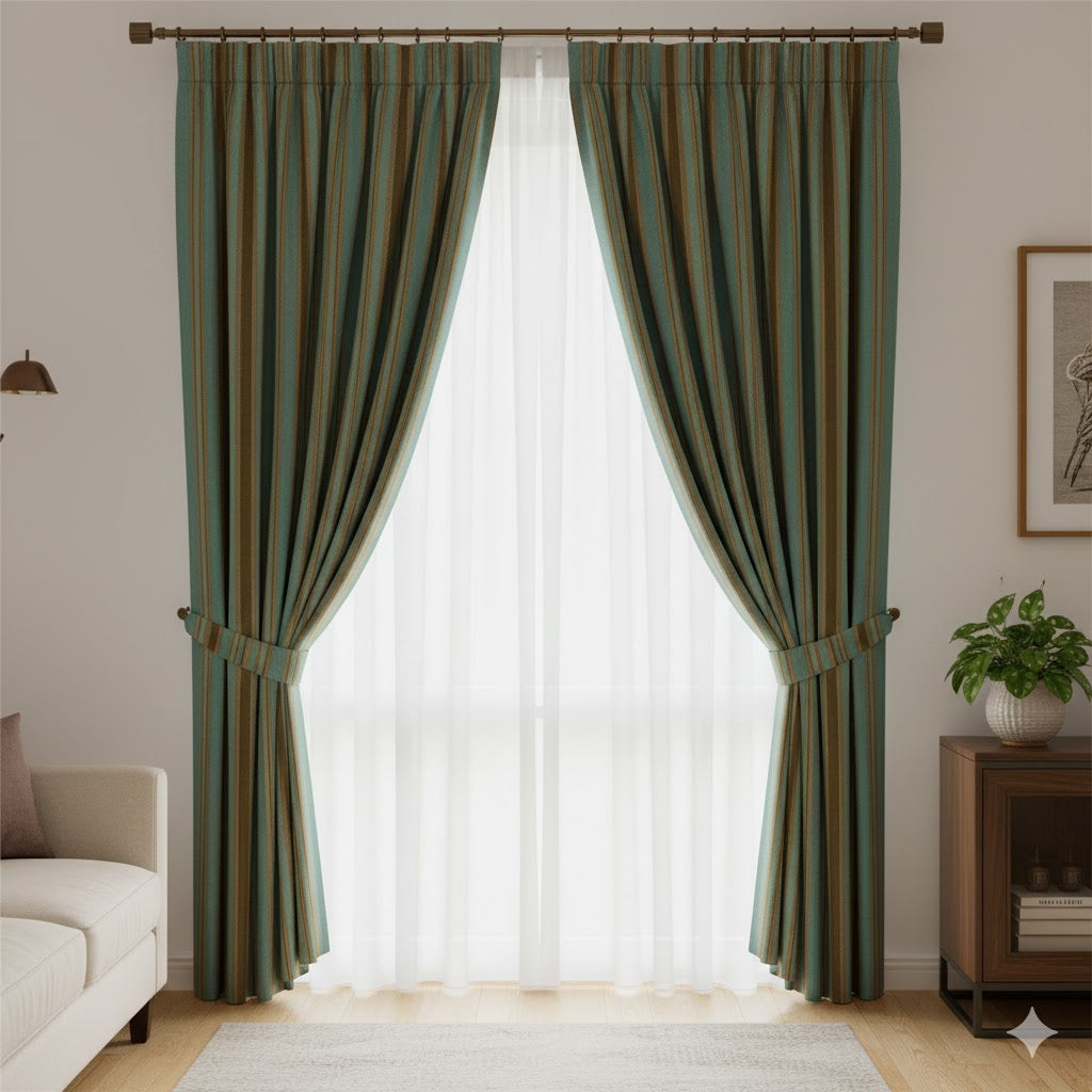 Mid-Century Teal & Brown Vertical Stripe Curtains - Retro Room Darkening Drapes