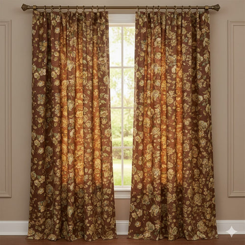 Luxury Chinoiserie Floral Curtain Panels - Rich Brown & Goldenrod Print | Rod Pocket Drapery for Classic Home Decor