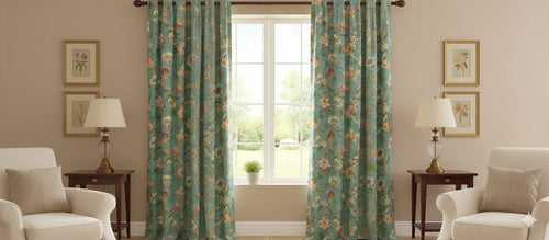 Custom Heritage Aqua Floral Curtains | Chinoiserie Print Pinch Pleat Drapes | Teal, Pink & Gold Botanical Window Panels