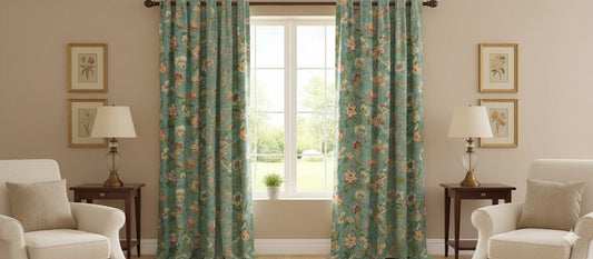 Custom Heritage Aqua Floral Curtains | Chinoiserie Print Pinch Pleat Drapes | Teal, Pink & Gold Botanical Window Panels