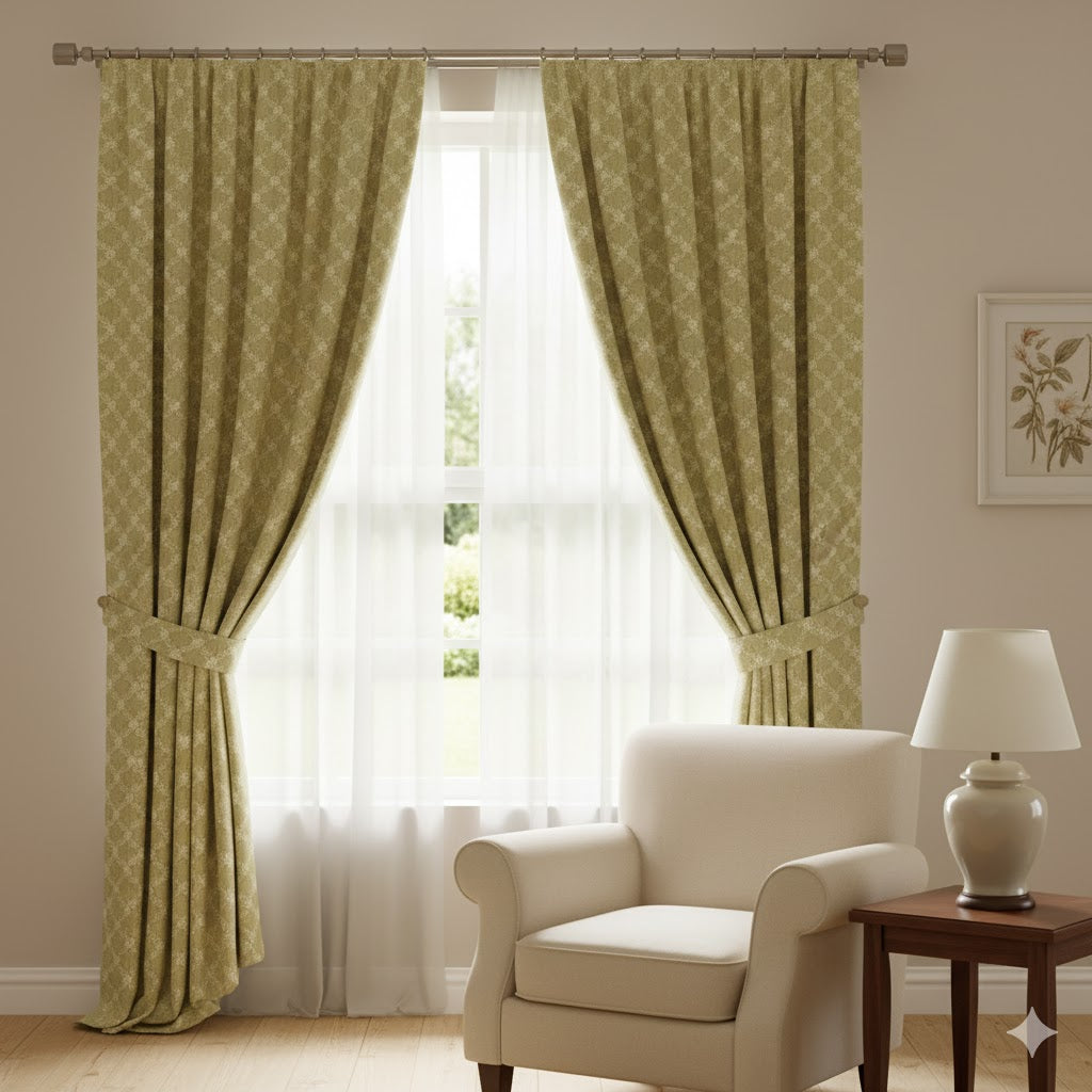 Classic Sage Green Trellis Blackout Curtains with Laurel Vine Pattern - Custom Pleated Drapery Panels