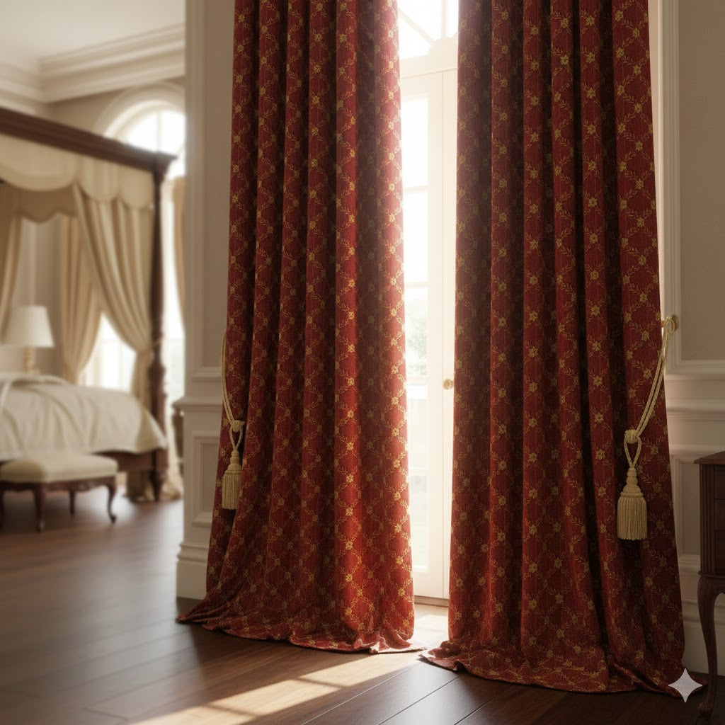 Regal Ruby Red & Gold Damask Blackout Curtains | Elegant Window Treatment
