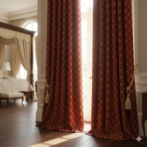 Regal Ruby Red & Gold Damask Blackout Curtains | Elegant Window Treatment