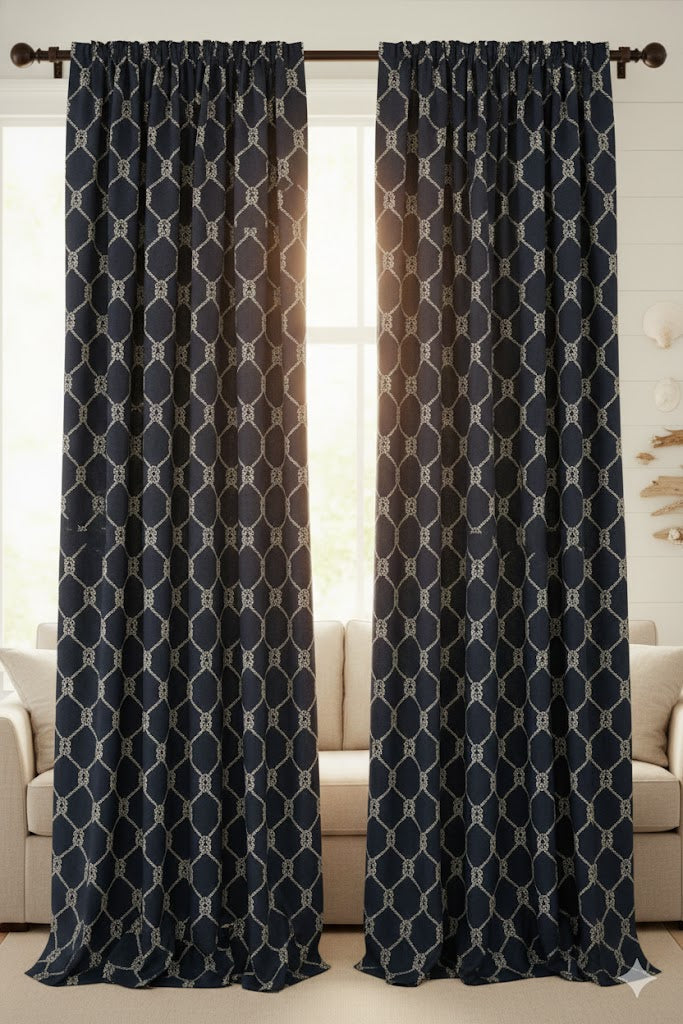 Nautical Rope Knot Blackout Curtains - Navy Blue Coastal Diamond Pattern Drapery