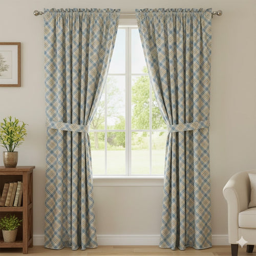 Cozy Cottage Sky Blue & Tan Plaid Curtains | Classic Diagonal Tartan Check Rod Pocket Drapes