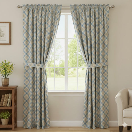 Cozy Cottage Sky Blue & Tan Plaid Curtains | Classic Diagonal Tartan Check Rod Pocket Drapes