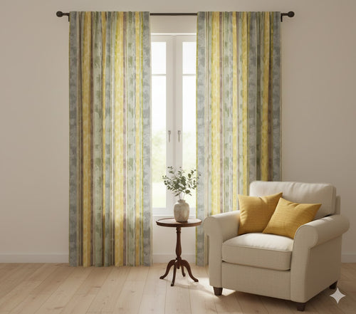 Vintage Farmhouse Washed Stripe Curtains - Muted Yellow & Sage Green Window Drapes