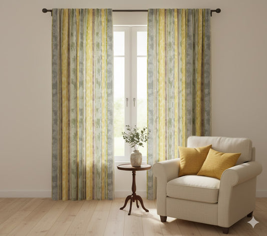 Vintage Farmhouse Washed Stripe Curtains - Muted Yellow & Sage Green Window Drapes