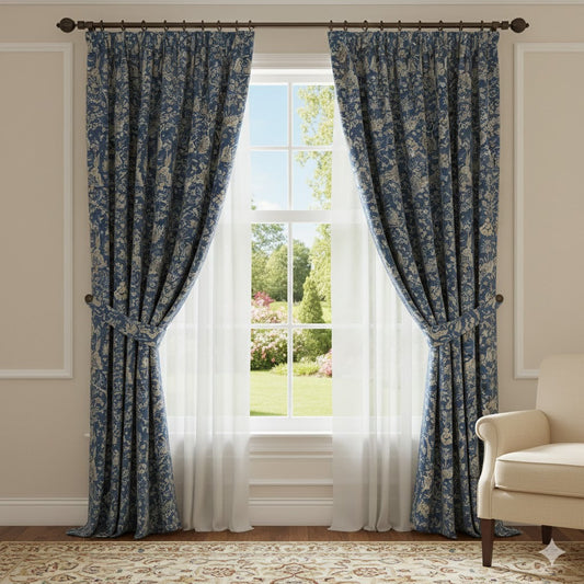 Sapphire Blue Mughal Toile Pleated Blackout Curtains