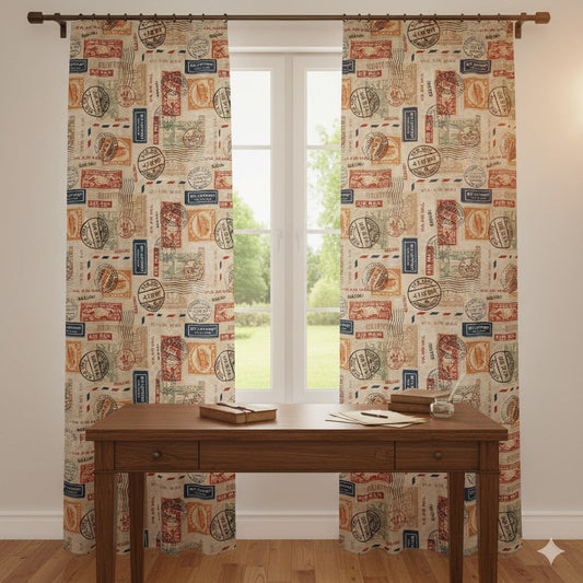 Vintage Air Mail Stamp Blackout Curtains - Retro Postal Theme Window Panels for Study & Living Room