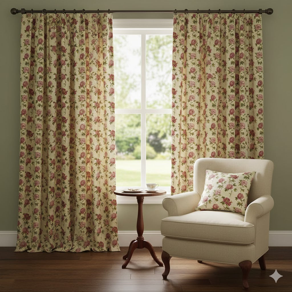Custom Vintage Peony Print Curtains | Elegant Crimson & Pink Floral Drapes | Rod Pocket Heading | English Country Style