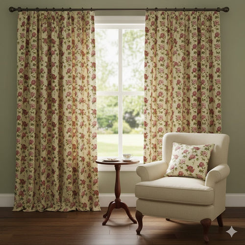 Custom Vintage Peony Print Curtains | Elegant Crimson & Pink Floral Drapes | Rod Pocket Heading | English Country Style